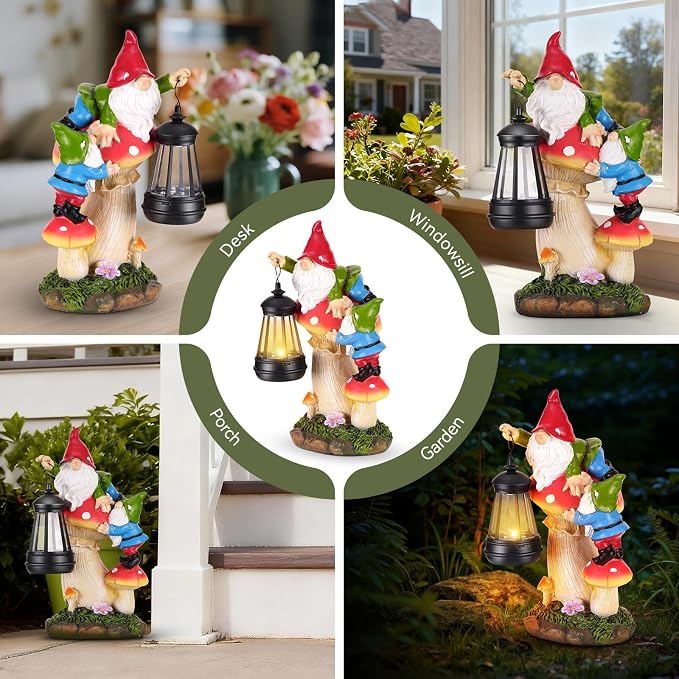 Garden Gnomes Outdoor Statues with Light, Gnomes Decorations for Yard, Solar Garden Gnome Climbing on Mushroom, Lawn Ornaments for Patio, Balcony Housewarming- Unique Women Gifts