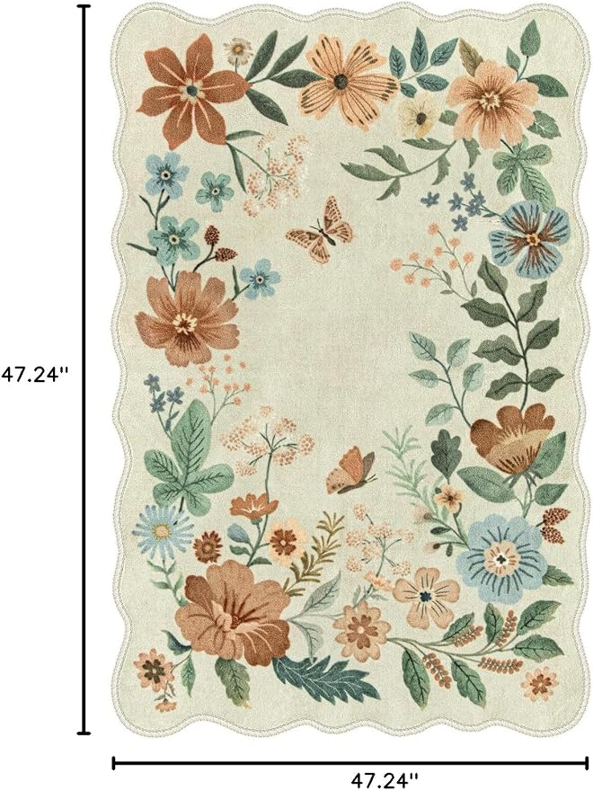 Lahome Floral Bedroom Rug, 4x6 Washable Rugs for Living Room Dining Room | Non Slip Ultra-Thin Stain Resistant Boho Throw Carpet for Office Flore (4x6ft, Beige)