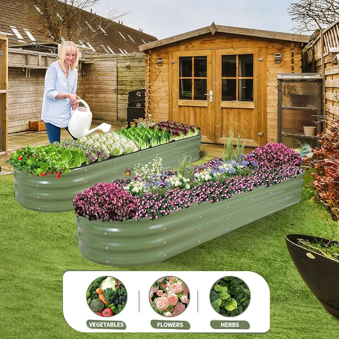 Galvanized Raised Garden Bed - 8x2x1FT Metal Planter Boxes Outdoor | Oval Steel Raised Bed Kit for Gardening with Protective Tape, Bracing Rods, Gloves for Vegetables, Flower, Herb (Green)