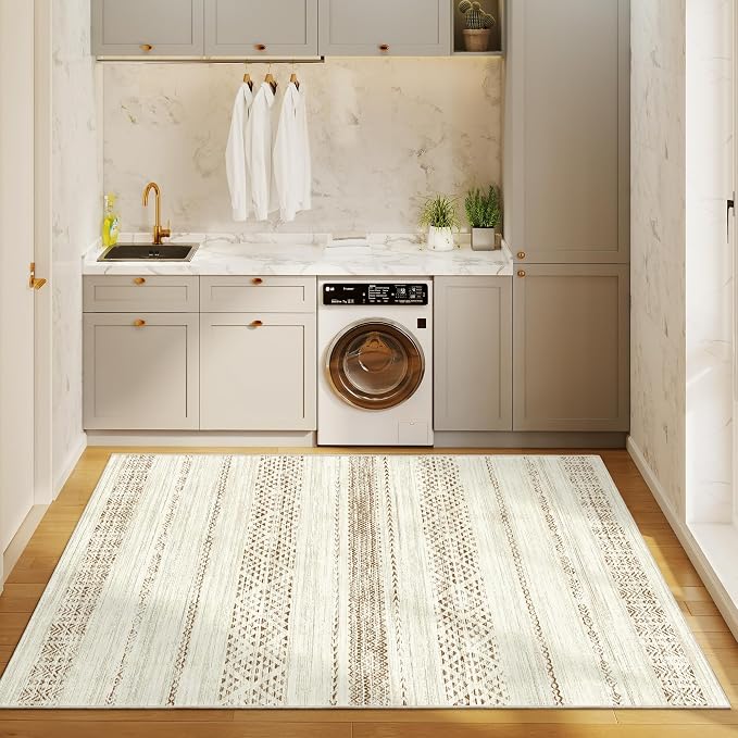 Miukiki 3x5 Washable Area Rug Moroccan Soft Non Slip Entryway Rug Brown | Machine Washable 3x5 Rug for Bedroom Kitchen Living Room, Low Pile Indoor Floor Carpet with Vintage Pattern