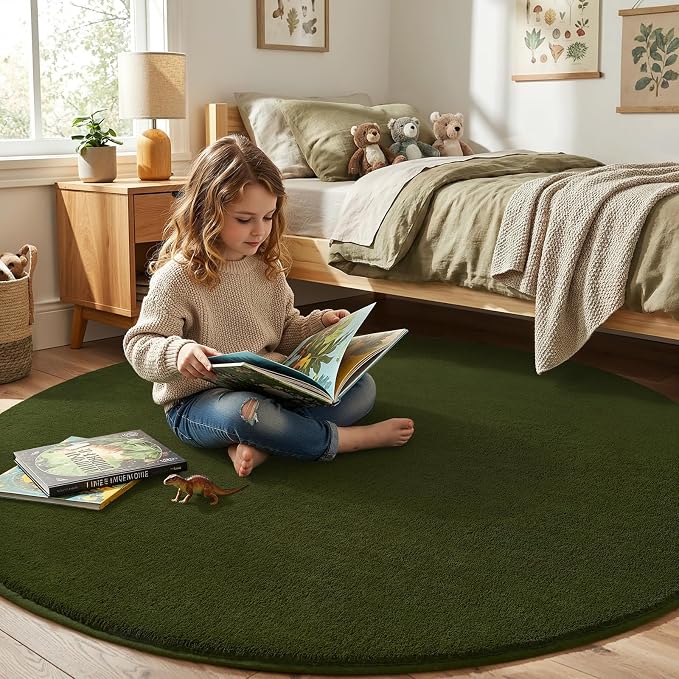 Amearea Olive Green Round Area Rugs 5ft Circle Rugs for Bedroom Living Room | Washable Fluffy Indoor Thickened Memory Foam Rug, Non Slip Minimalist Circular Carpet for Kids Boy Girl Dorm Nursery Room