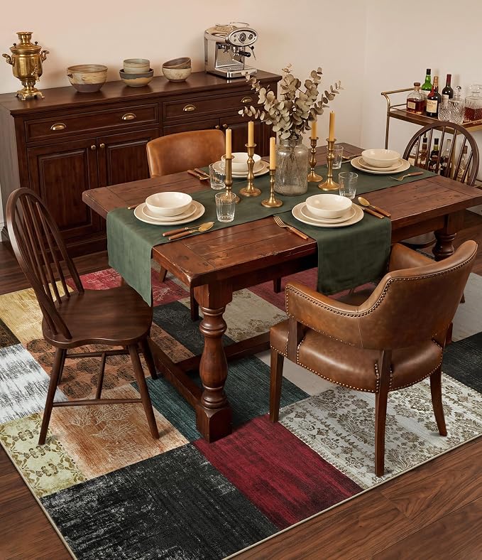 Mid Century Modern Cowboy Area Rug 5x7 for Living Room,Retro Patchwork Rug Non Slip,Red and Brown Floral Farmhouse Rugs Washable, Geometric Boho Area Rug for Kitchen,Dining Room,Bedroom