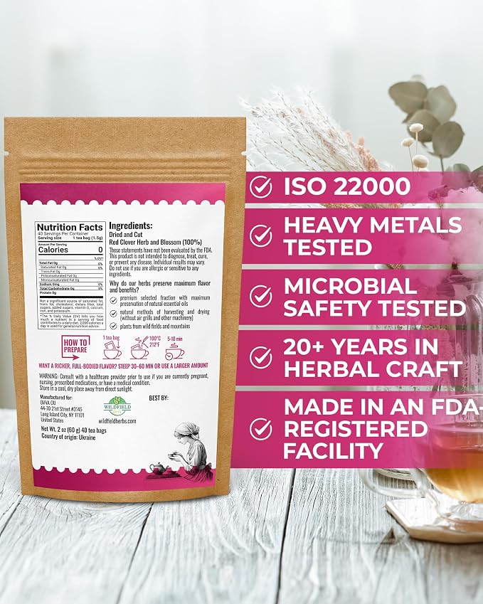 40 Bags Red Clover Herb Tea (Trifolium Pratense) – 40 Count 1.5g Herbal Bags Trébol Rojo