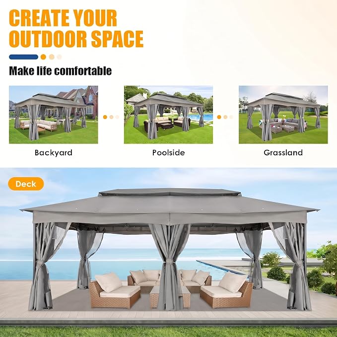 COBIZI Gazebo 12x20 FT Outdoor Gazebo on Clearance with Double Ventilated Arc Roof, Privacy Curtains & Mosquito Netting, Easy Set up Canopy Tent with Stable Metal Frame for Patio Gray