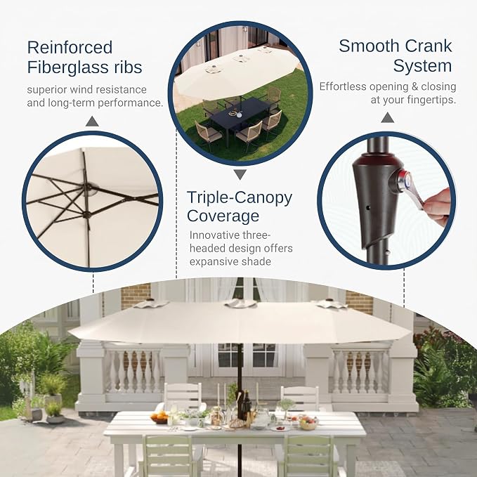 15FT Large Patio Umbrella with Base Included, Double Sided Outdoor Market Umbrella with Flexible Fiberglass Ribs, UV-Blocking Extra Large Umbrella for Garden, Pool, Deck, Creamy White