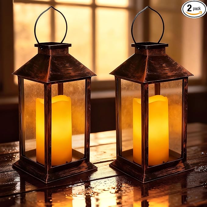 2 Pack 14 Inch Solar Lanterns Outdoor Waterproof with Flickering Flameless Candles, Outdoor Garden Hanging Lantern Decorative for Patio Front Porch Backyard Balcony Cabin Outside Table