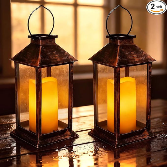 2 Pack 14 Inch Solar Lanterns Outdoor Waterproof with Flickering Flameless Candles, Outdoor Garden Hanging Lantern Decorative for Patio Front Porch Backyard Balcony Cabin Outside Table