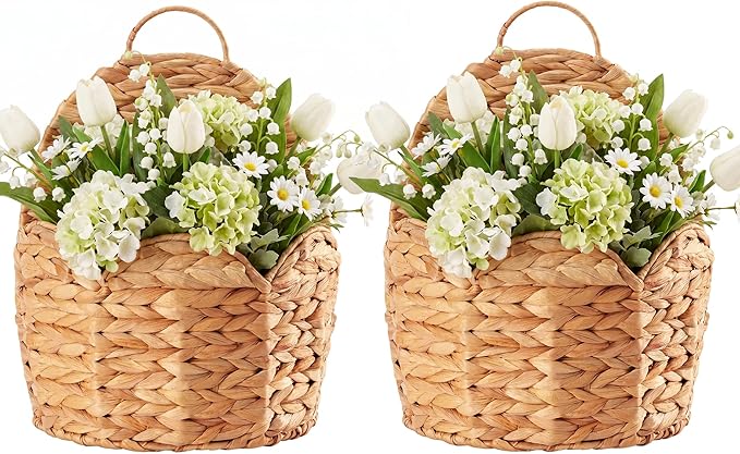 2 PC Door Basket Scalloped Hanging Storage Basket,Water Hyacinth Woven Wall Baskets for Front Door Decor, Hangable Storage Organize for Flowers,Planter,Mails,Wicker Baskets for Organizing -Braided & L