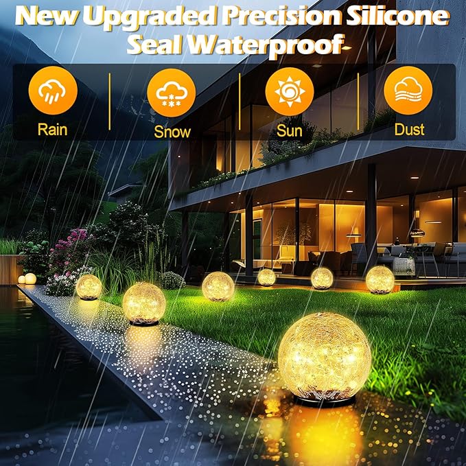 Garden Solar Ball Lights Outdoor Waterproof 50LED Cracked Glass Globe 4.7'' | 2 Pack Solar Power Ground Lights for Path Yard Patio Lawn, Christmas Decoration Landscape Warm White
