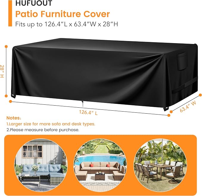 Patio Furniture Covers, Outdoor Furniture Cover Waterproof, General Purpose, Outside Table and Chair Covers, Heavy Duty 420D (Black,126.4"L x 63.4"W x 28"H)
