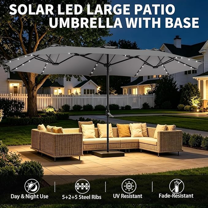 DomeShade 15ft Double-Sided Rectangle Patio Umbrella with 36 LED Solar Lights&base,UV50+ Weather-Resistant Outdoor Umbrella,Crank Lift,Patio Shade for Pool, Garden, Backyard–Gray