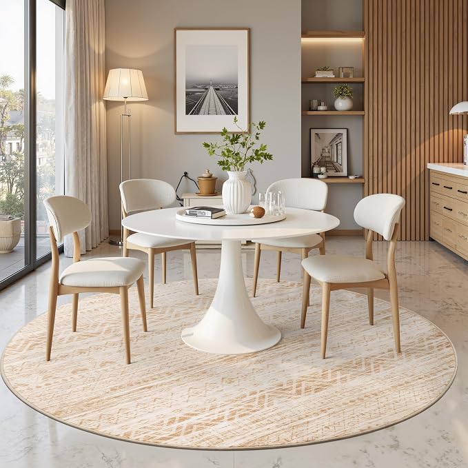 Miukiki Round Rugs 8ft Washable Moroccan Circle Rug for Living Room Beige | Non Slip Indoor Floor Carpet Foldable Area Rug for Dining Room with Low Pile 8ft
