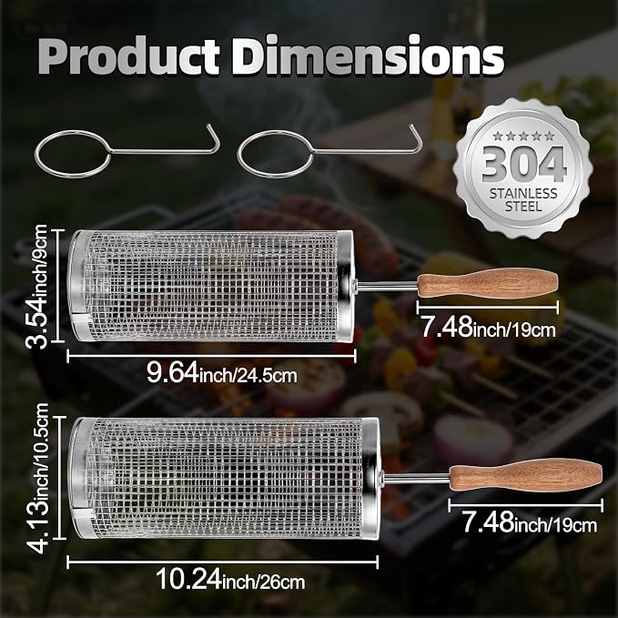 Rolling Grill Basket (2PCS), 304 Stainless Steel Grill Baskets with Removable Wooden Handles, BBQ Grilling Accessories for Vegetables, Camping, Outdoor Cooking,Ideal Gifts for Father's Day