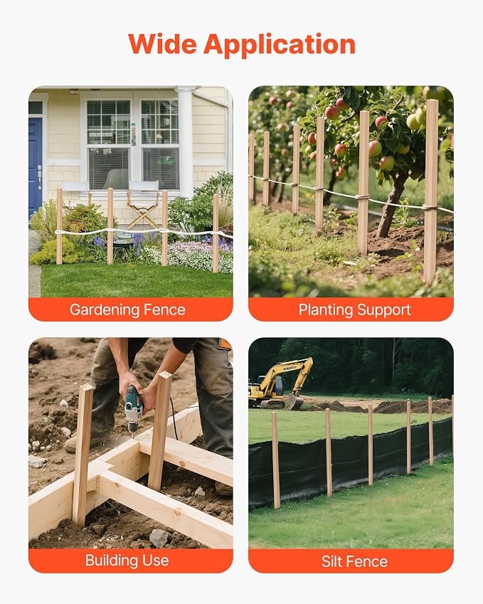 VEVOR Wooden Garden Stakes, 25 Pcs 36x0.75x0.75 in Survey Grading Stakes, Garden Ground Stake with Sharp Point, Fir Wood Plant Support Stake, Sign Posts for Silt Fence Backyard Boundaries Baselines