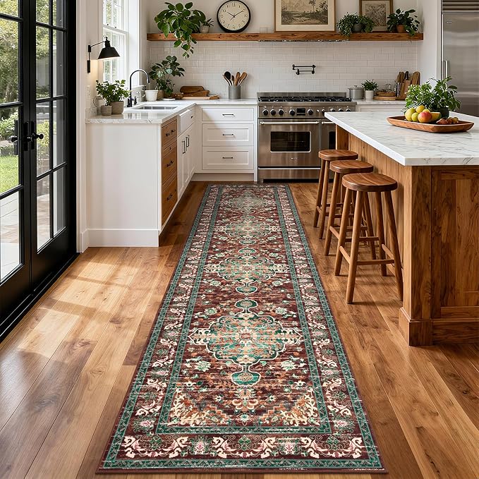 U'Artlines 3' x 12' Boho Hallway Runner Rug, Washable Carpet, Rust＆Teal | Non Slip, Vintage Farmhouse Accent Area Rug Carpet, for Bedroom, Dining Room, Laundry and Living Room