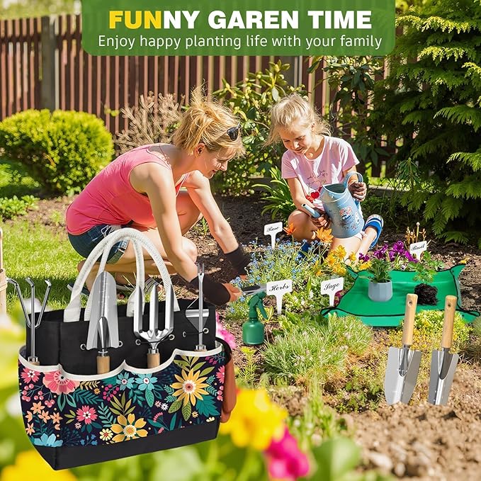 22Pcs Gardening Tools Set for Women Heavy Duty Garden Hand Tool Kit Birthday Gifts for Mom Her Wife Grandma Beginner Gardening Accessories with Tote Bag/Shovel/Repotting Mat/Plant Labels/Gloves-Black
