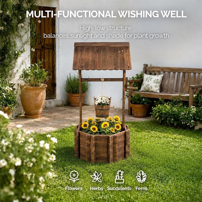 VINGLI Wooden Wishing Well Outdoor Planters, Well Covers for Yard with 2 Reinforced Rods, Height Adjustable Hanging Bucket, Rustic Flower Pot Decor for Outside Patio Garden (Carbonized, 22" Width)