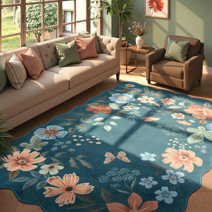 Lahome Floral Washable 6x9 Area Rugs, Soft Bedroom Rugs for Living Room | Ultra-Thin Non Slip Dining Room Rug, Stain Resistant Boho Blue Rugs Throw Carpet for Office Flore (6'x9',Navy Blue)