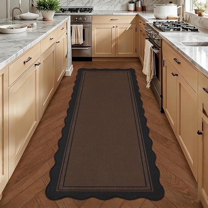 Easy Jute Kitchen Runner 2x6 Kitchen Runner Rug Washable Non Slip Outdoor Rug for Entryway Farmhouse Neutral Low Pile Scalloped Carpet for Hallyway Proch Doorway