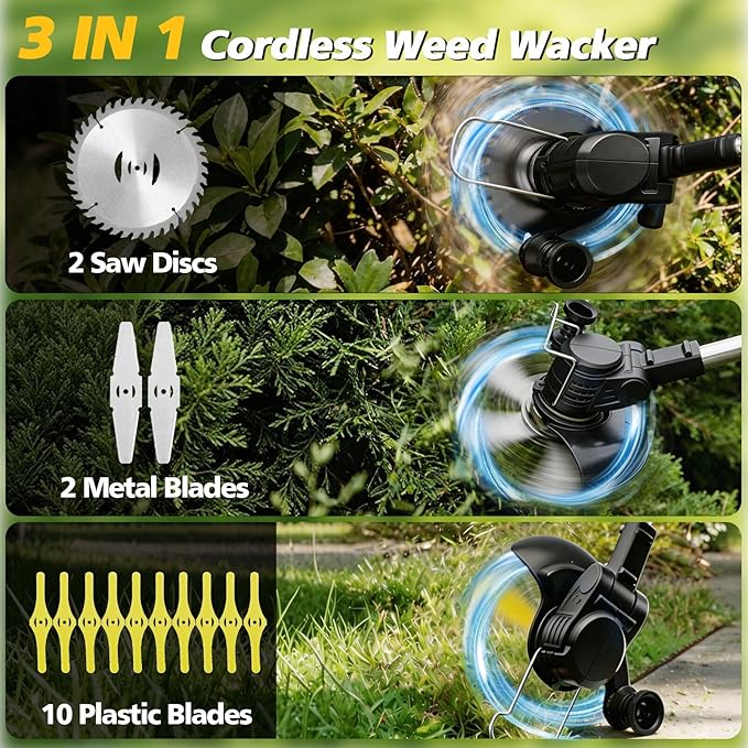 Electric Weed Wacker Cordless, 21V Weed Cordless Eater with 2Pcs 4.0Ah Batteries,3 in 1 Brush Cutter, Lightweight Grass Trimmer/Lawn Edger for Garden Yard