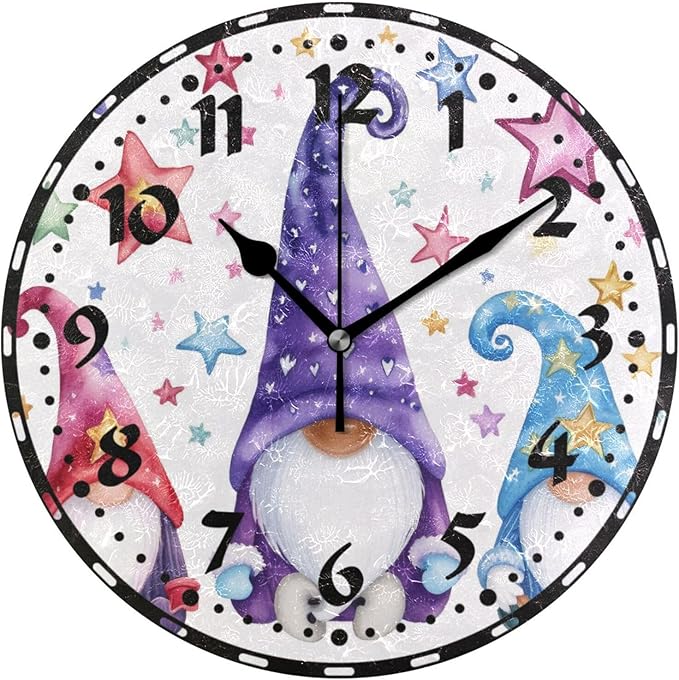 Watercolor Illustration of Magic Gnomes Wall Clock, Silent Non Ticking 10 Inch Battery Operated Wall Clocks, Easy to Read Clock for Home Kitchen Living Room Bathroom Office Decor