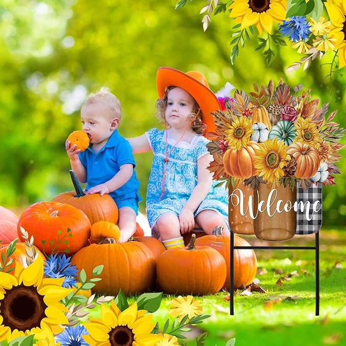 Amyhill Fall Outdoor Decor Metal Garden Stakes 25 Inch Autumn Welcome Yard Signs Fall Decorations Outdoor Pumpkin Decorative Garden Stakes Decorations Thanksgiving Autumn Harvest Patio Lawn Walkway
