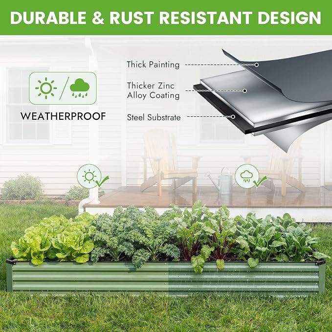 INNO STAGE Galvanized Raised Garden Bed Kits, 12x4x1ft Metal Raised Garden Beds Outdoor, Large Steel Raised Planter Bed with Gloves for Vegetables & Flowers Patio Ground Planter Box(Olive Green, 1PC)