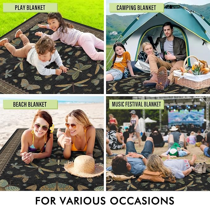 Insect Picnic Blankets Waterproof Foldable, 60″X80″ Packable Picnic Mat Vintage Outdoor Blanket for Grass, Large Beach Blanket Sandproof Picnic Accessories for Camping Music Festival Park Lawn Travel