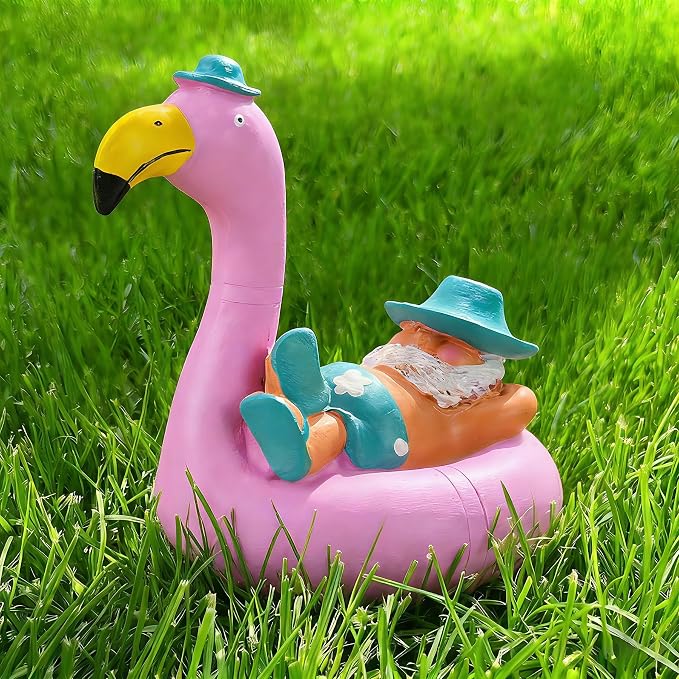 Teaeeno Garden Gnome on Flamingo - Funny Gnome Figurine - Cute Gnome Lawn Statue - for Outdoor or House Decor
