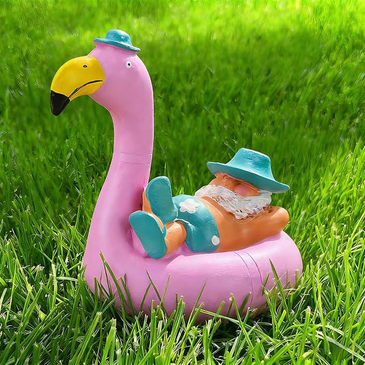Teaeeno Garden Gnome on Flamingo - Funny Gnome Figurine - Cute Gnome Lawn Statue - for Outdoor or House Decor