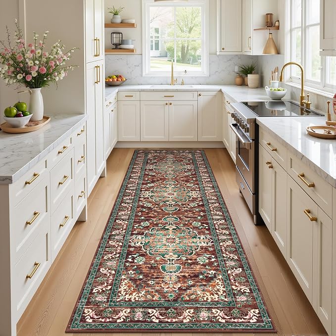 U'Artlines 3' x 10' Boho Hallway Runner Rug, Washable Carpet, Rust＆Teal | Non Slip, Vintage Farmhouse Accent Area Rug Carpet, for Bedroom, Dining Room, Laundry and Living Room