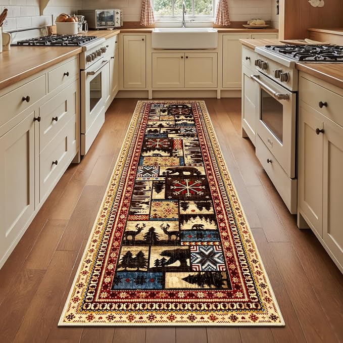 LOKHOM 2x8 Hallway Runner Rug, Non Slip Washable Western Cabin Bear Rugs | Bear Pattern, Low Pile Soft Kitchen Rug, Vintage Wildlife Accent Carpet Runner, For Laundry Bedroom Entryway Nursery