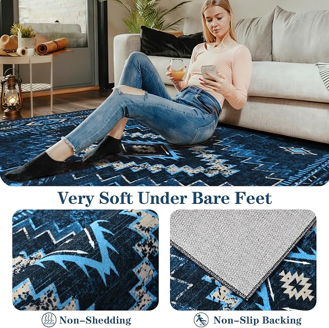Yinhua Living Room Rug 6x9, Western Washable Area Rug for Bedroom | Aztec Blue Rugs Non-Slip with Rubber Backing, Soft Non-Shedding Carpet for Office Nursery