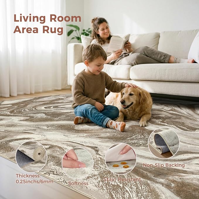 DMOYEST 9x12 Area Rug for Living Room Washable Abstract Indoor Carpet | Neutral Modern Low Pile Rugs Kid & Pet Friendly Large Soft Thin Carpet for Bedroom Dining Room and Office - Sand Brown