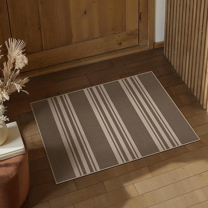 PureCozy Striped Easy Jute Rug 2x3 Brown Entryway Carpet Washable Non Slip Door Mat Farmhouse Neutral Non Shedding Entry Small Indoor Outdoor Rug for Kitchen Bedroom Mudroom Bathroom