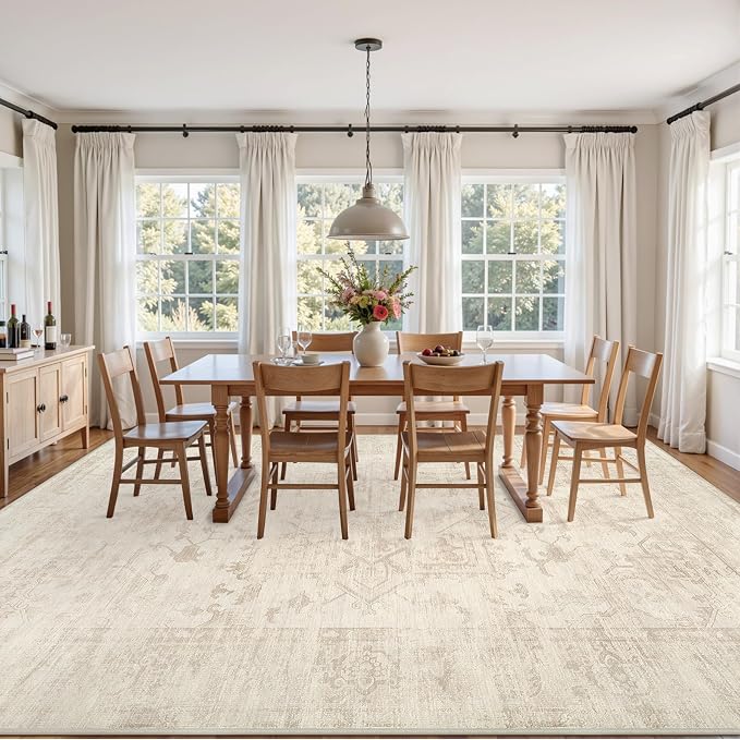 8x10 Area Rugs Living Room: Bedroom Washable Carpet Beige/Brown | Large Vintage Boho Indoor Decor Neutral Soft Nursery Farmhouse Dining Room Office Floor Non-Slip Low Pile Under Table Rug
