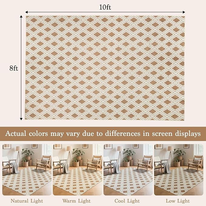 LBRO2M Machine Washable Rug Soft Pet Friendly Carpet 8X10 Brown | Checkered Rug 8X10 for Living Room, Bedroom, Dining Room, Home Office, Non Slip Carpet, Foldable Stain Resistant Rugs