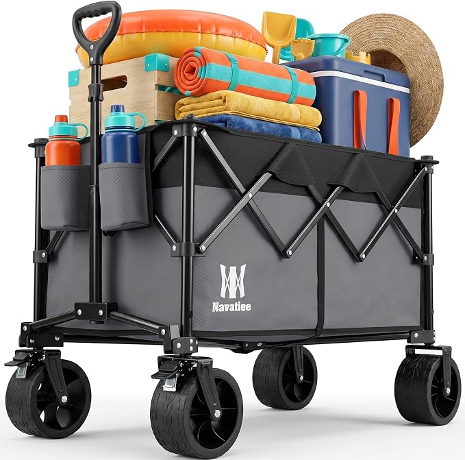 Navatiee 330Lbs Collapsible Folding Wagon, Beach Wagon Cart Heavy Duty Foldable with Big Wheels, Utility Grocery Wagon with 165L Large Capacity for Camping Garden Sports, Gray