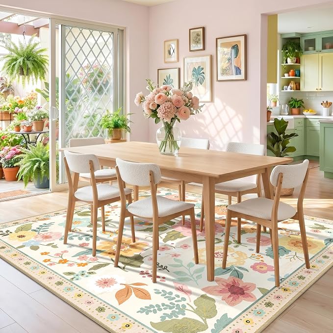 RELEANY Floral Washable Square 6ft Area Rug Beige/White/Orange | Flower Carpet, Print, Boho, Non-Slip, Easy to Clean, Soft, Low Pile for Living Room Bedroom Kitchen Office Entryway Hallway