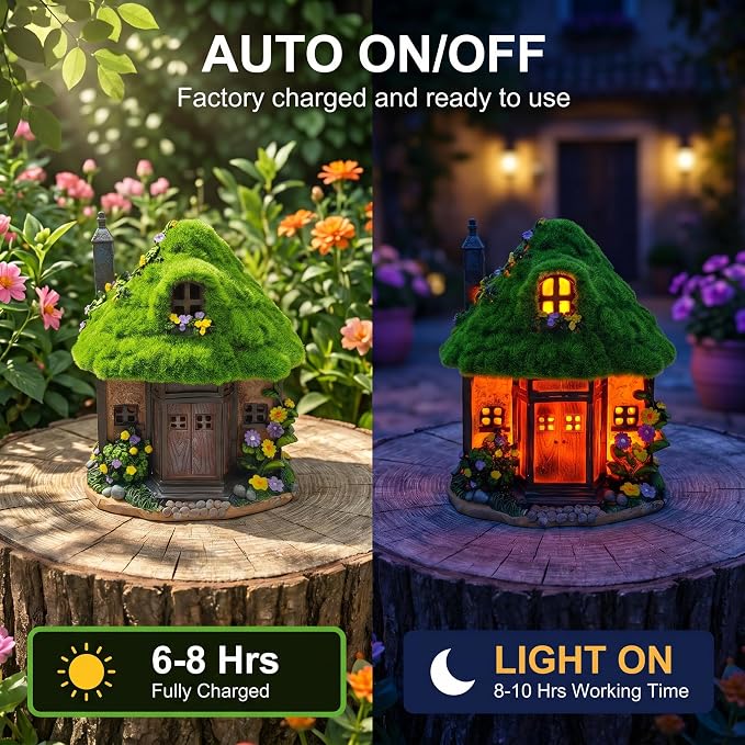 COWOS Solar Powered Fairy Tree House Sculpture with Flocked Roof & Chimney - Whimsical Outdoor Garden Decor with LED Lights
