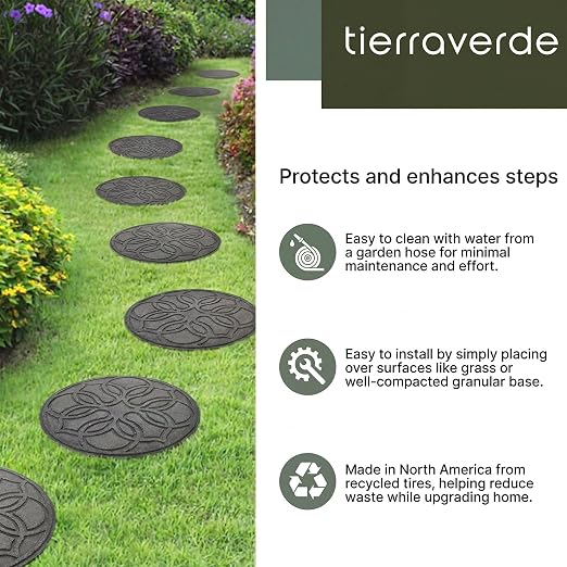 Garden Central TierraVerde 4-Pack 18”x18” Fake Pendant Rubber Stepping Stones, Round, Grey – Reversible Non-Slip Outdoor Faux Decorative Set for Landscaping – DIY Decor for Walkways & Yard Pathways