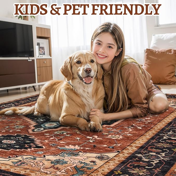 Tangsoo Oriental 2x3 Washable Rugs for Entryway, Non Slip Small Area Rug | Orange Vintage Indoor Front Door Rug, Boho Print Door Mat Carpet, Soft Low Pile Throw Rugs for Entrance Entry Kitchen Bedroom