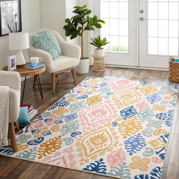 Washable Oriental Floral Rug, Ultra Thin Boho Paisley Indian Tribal 4x6 Area Rug for Dining Room Bedroom Entryway Kitchen, Stain Resistant Vintage Aztec Hippie Living Room Accent Carpet
