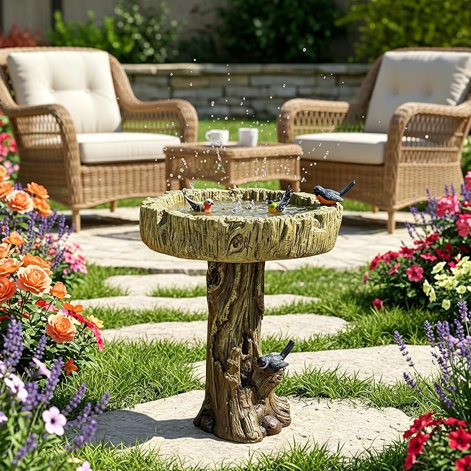 SKYFIRE Bird Baths for Outdoor - 24.4" Tall Pedestal Birdbath with Bird, Fibre Reinforced Concrete with Woodland Tree Trunk Décor Modern and Durable,Bird Bath for Outside, Garden, Patio,Lawn,Backyard