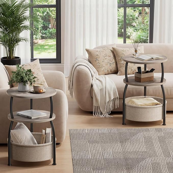 Round Side Table with Storage Basket, End Table Living Room, Greige | Round End Table, Small Bedside Table for Bedroom, 3 Tiers, Sofa Couch Side Table, Linen Storage, Greige 15.75in