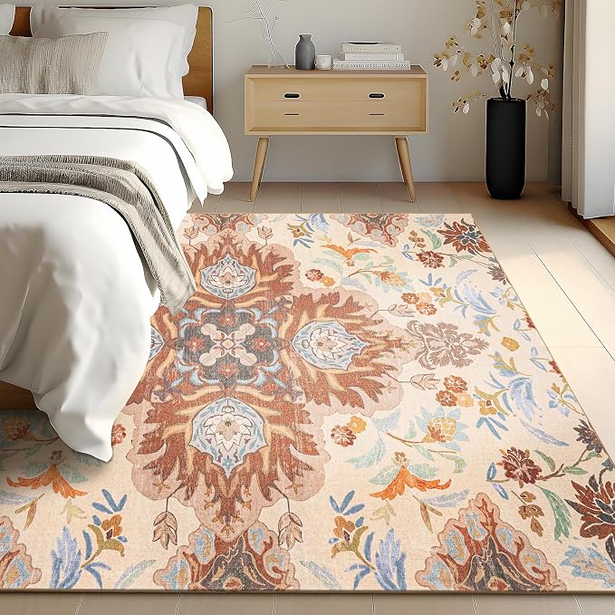 Phantoscope Washable Round Area Rug 6ft Non-Slip, Vintage Boho Rugs for Living Room, Bedroom, Dining Room, Fall Orange Floral Medallion Pattern, Low-Pile Foldable Floor Carpet, Rust/Multi Floral
