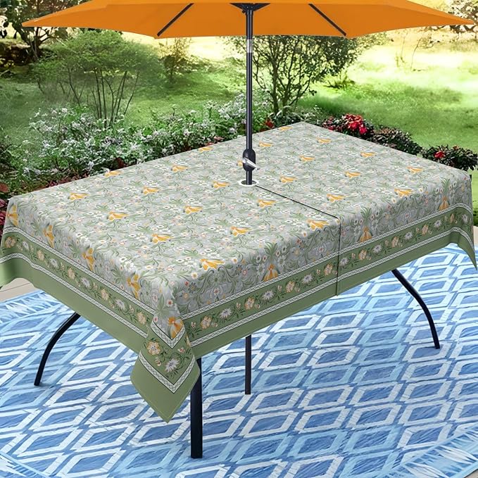 Green Print Outdoor Tablecloth with Umbrella Hole 60" x 120" Waterproof Zipper Table Cloth for Patio Table - Ideal Tablecloths for Picnics, Camping, and Yard Use