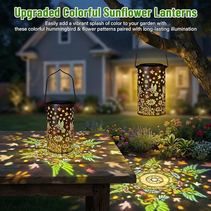 2 Pack Colorful Hanging Solar Lanterns Outdoor Waterproof [6 Hummingbirds], Metal Decorative Hummingbird Solar Lantern for Front Porch Yard Table Path Garden Decor, Ideal Gifts for Mom Wife Grandma