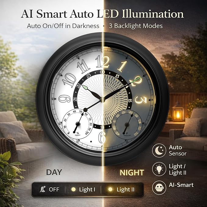 Pytha Sight Illuminated Large Metal Outdoor Clocks Waterproof 18 Inches With AI Auto Light Smart Sensor,Extra Big Indoor Outdoor Wall Clocks With Thermometer & Hygrometer for Patio, Pool, Garden,Porch