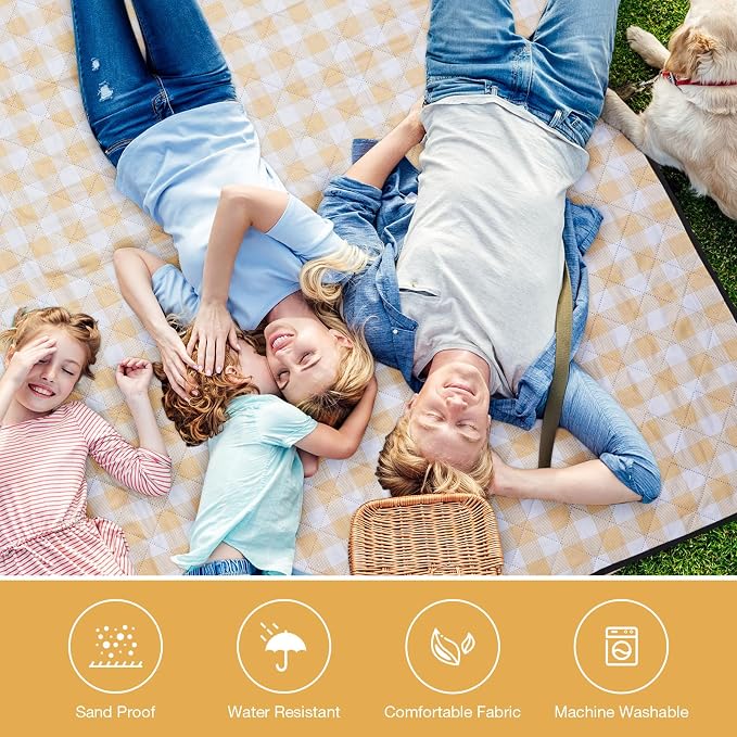 WILLOW WEAVE Picnic Blanket, 80''x80'' Waterproof Outdoor Blankets, Picnic Mat Washable for Beach, Picnic Blankets for Camping on Grass with Shoulder Strap - Yellow & White